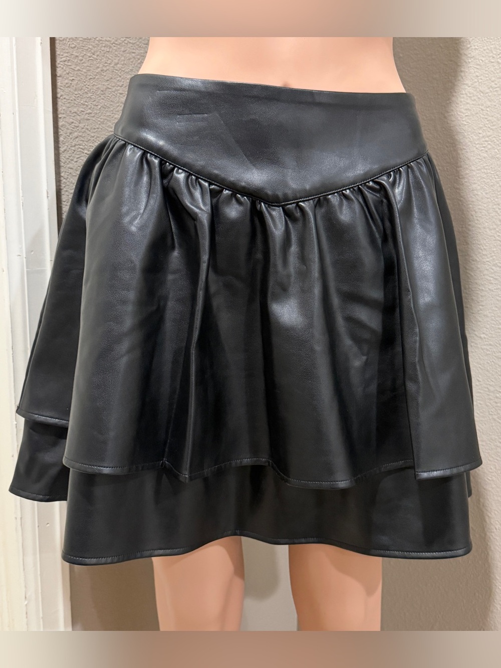 Express Black Faux Leather Tiered Mini Skirt